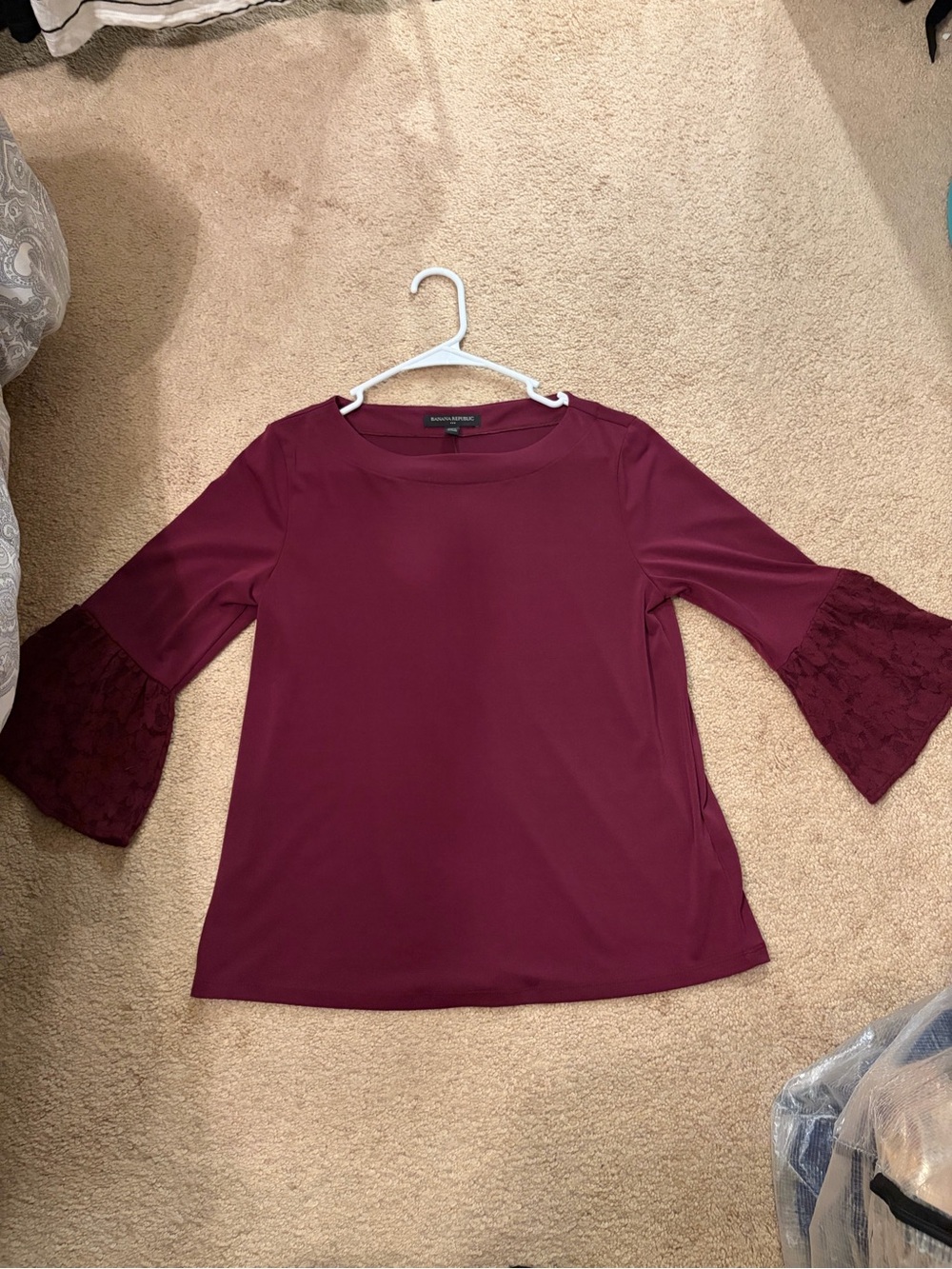 Banana Republic Women's Burgundy Lace-Sleeve Bell Top Size XS